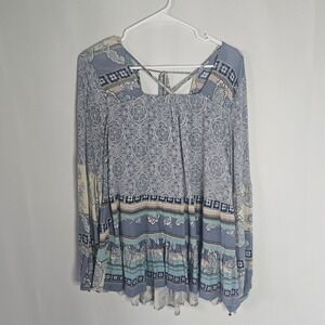 Knox Rose Blue Paisley Print Long Sleeve Criss Cross Back Blouse Top Boho Medium